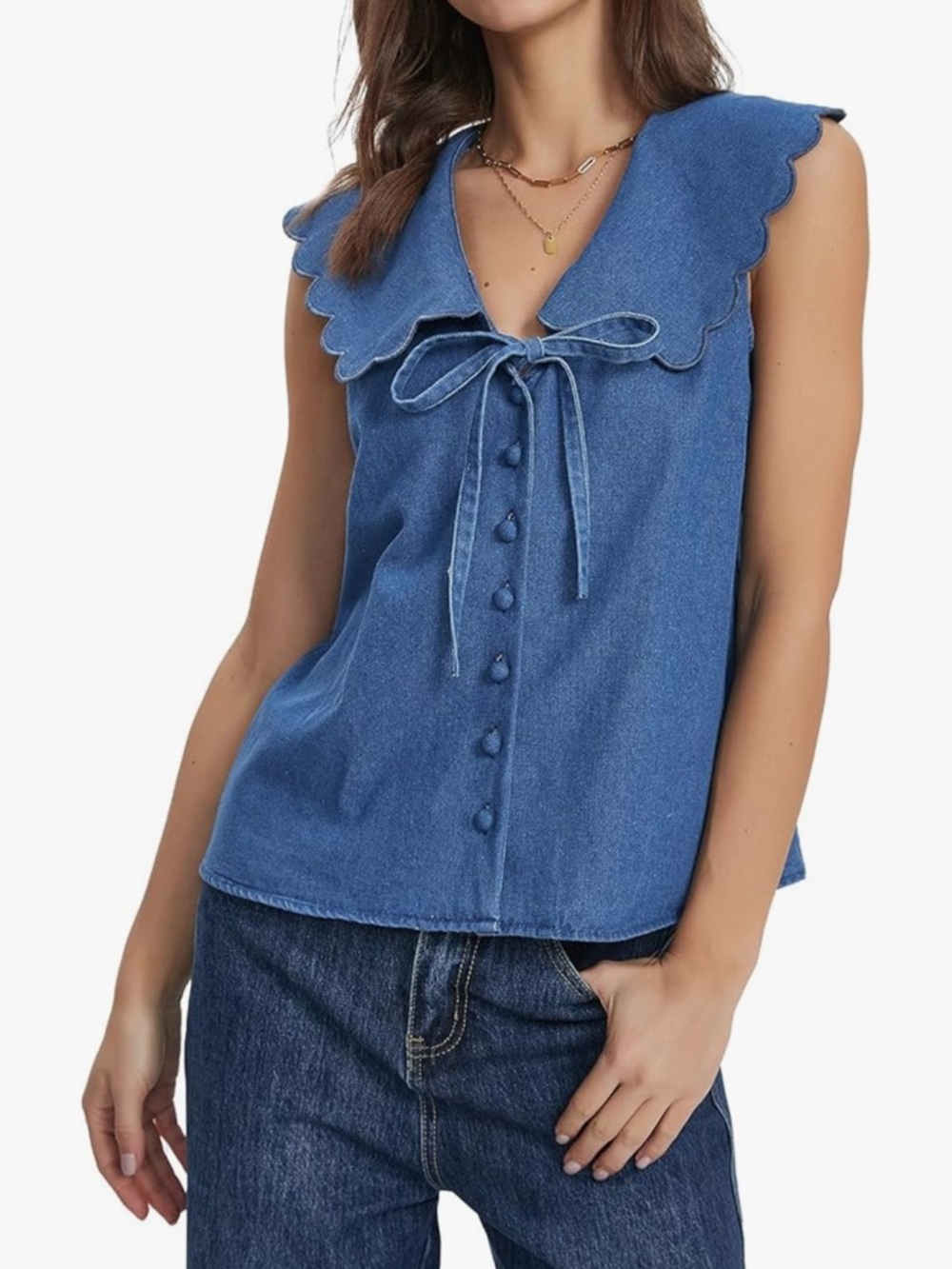 Sleeveless Scalloped Collar Button-Down Top - Blue